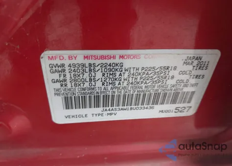 2011 Mitsubishi Outlander Se z USA, uszkodzony, nr VIN JA4AS3AW1BU033436